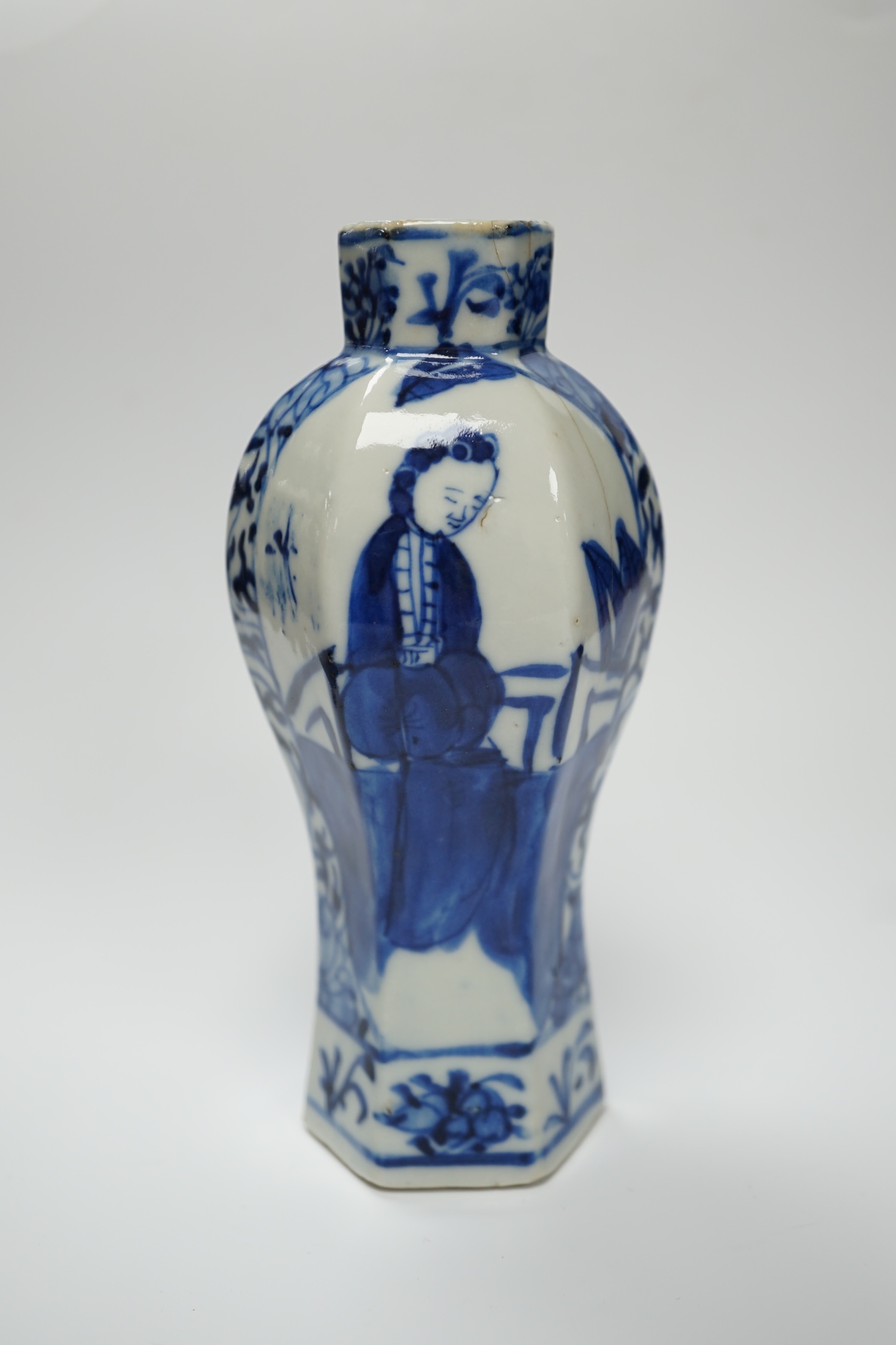 A small Chinese blue and white hexagonal vase, 19th century, 14cm